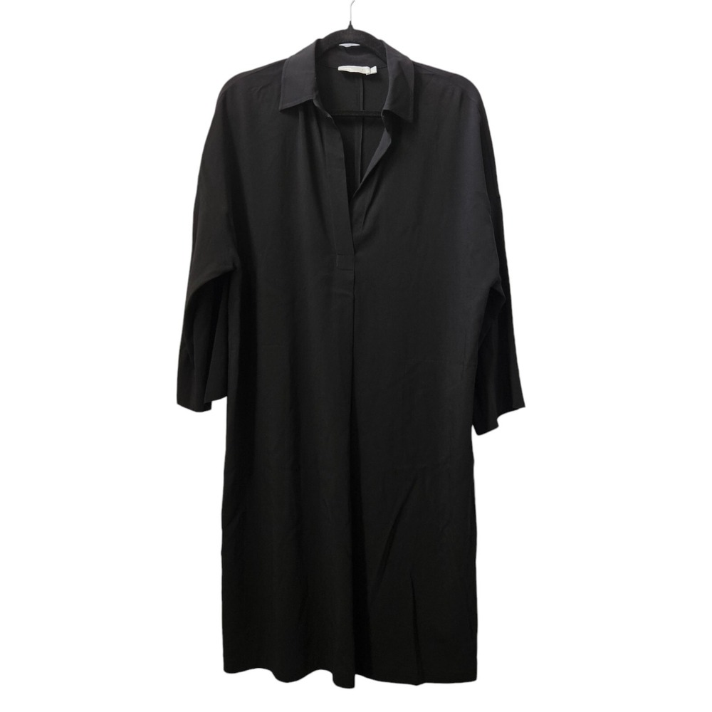 Vince Shirt Dress Small Black Easy Knit Oversized Split Neck Pullover Lagen Look